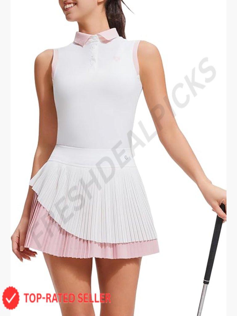 Two Piece Tennis Skirt Set With Polo Top Built-In Shorts Pockets Upf 50+